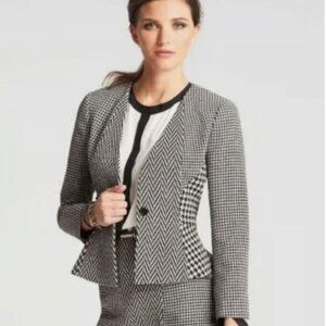 Ann Taylor Women's Black White Plaid Houndstooth Wool Blend Blazer Jacket 14 NWT